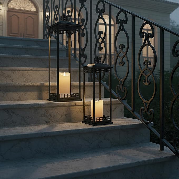 Vintage Lanterns Decorative Outdoor Indoor, 23'' 17'' Set of 2 Black Metal Candle Lantern, Lantern Decor for Retro Living Room, Patio, Fireplace, Porch, Garden, Balcony, Wedding Floor Lantern