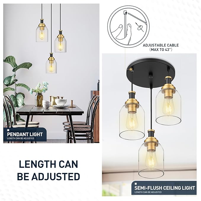 zeyu 3-Light Pendant Light Fixture, Modern Cluster Pendant Lighting, Hanging Light Fixture for Kitchen Island, Clear Glass Shade, Black and Gold Finish, ZG33-3 BK+BG