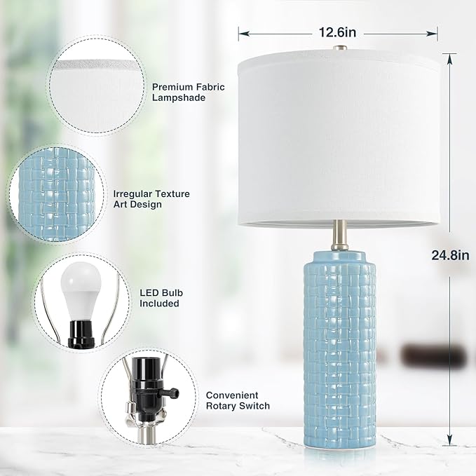 Luvkczc 24.8" Modern Ceramic Bedside Lamps Set of 2, 3 Color Temperature & Bulbs Included - Nightstand Lamps for Bedroom, Living Room, Office, Entryway Decor