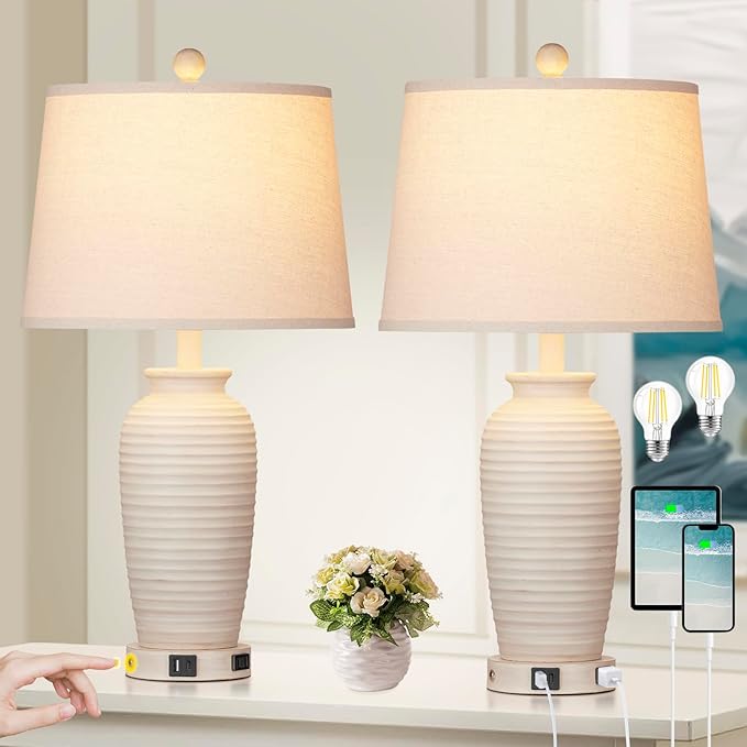 24.3" Farmhouse Jar Table Lamps Set of 2, 3 Way Touch Control Rustic Bedside Lamps with USB A+C Ports & AC Outlet, Pot Nightstand Lamps for Bedroom Living Room (LED Bulbs Included)