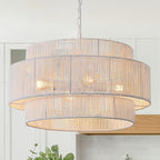 3-Tier Large Rattan Chandelier, 22.8in White Boho Coastal Pendant Lights, Woven Hemp Rope Hanging Ceiling Lights, Wicker Lighting Fixture for Kitchen Island, Dining Room, Living Room