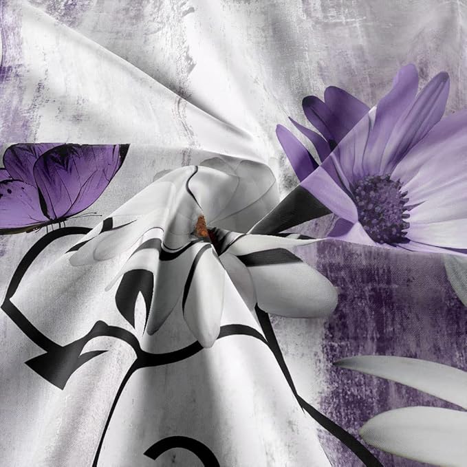 Rustic Farmhouse Shower Curtain, Farm Purple Daisy Floral Flowers and Butterfly on Country Wooden Shower Curtain for Bathroom, Violet Grey Bathroom Shower Curtains with 8PCS Hooks, 47X64IN