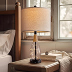 OYEARS 23" Farmhouse Table Lamps for Living Room – Set of 2 Boho Rattan Bedside Lamps with USB-C & USB-A Ports, Glass Nightlight, Dual Light Sources, Black