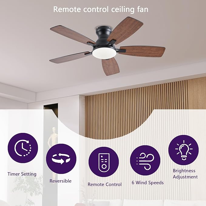 42inch Ceiling Fans with Lights, Low Profile Ceiling Fan with Light and Remote/APP Control, DC Reversible Motor, Noiseless, Flush Mount, Brown Ceiling Fan for Bedroom Indoor/Outdoor Use
