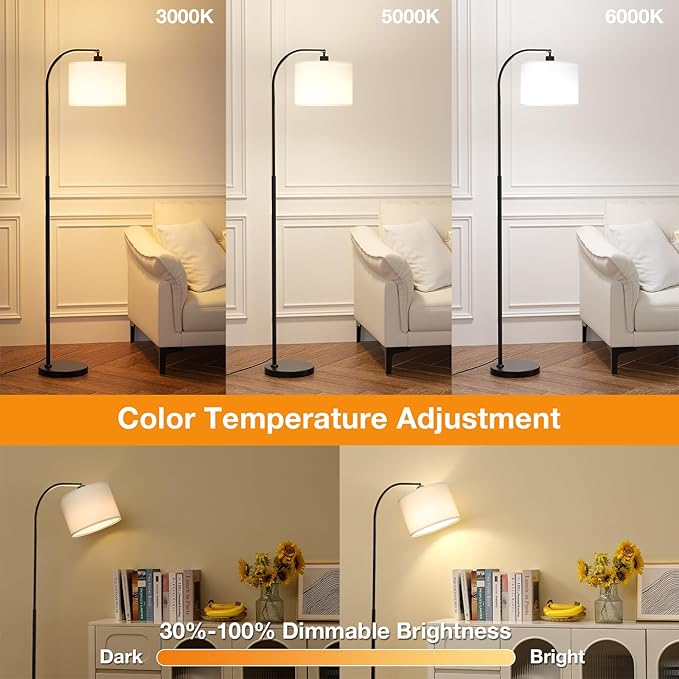 Arc Floor Lamp with Remote and Stepless Dimmable Bulb, Colors Temperature & Brightness Adjustable, Floor Lamps for Living Room（White Shade & Black Pole）