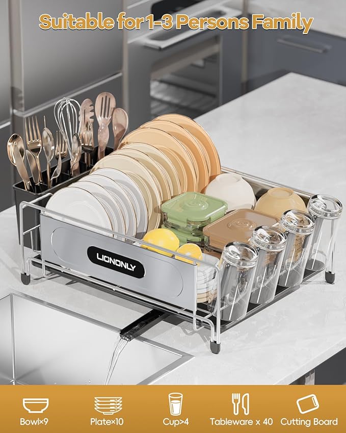 Dish Drying Rack, Dish Racks for Kitchen Counter, Stainless Steel Dish Drainer Drainboard Set with Smart Drainage, 360° Adjustable Spout, Utensil Holder and Cup Holder