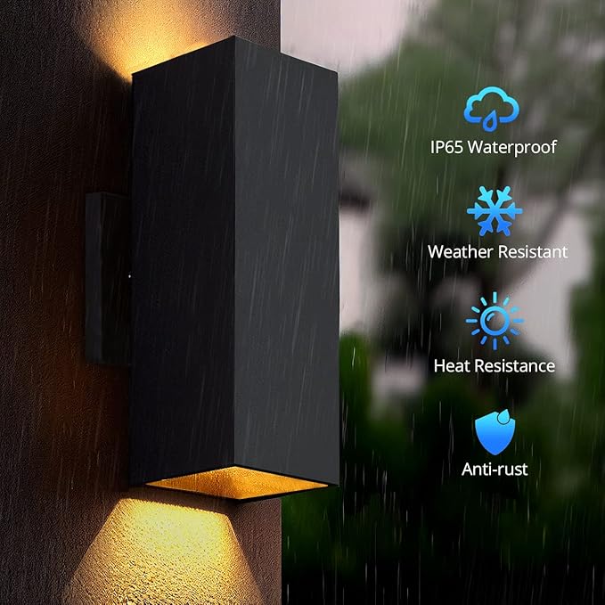 wowlite Outdoor Wall Light with Dusk to Dawn Sensor, 6000K Cool Light LED Up Down Sconce, Waterproof 13" Modern Square Matte Black Exterior Light Fixture Wall Mount for Porch Patio Garage, ETL Listed