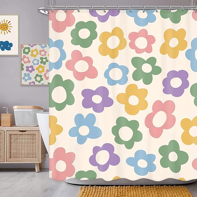 Sanzugh Cute Pastel Flower Shower Curtain, Boho Retro Floral 70S Aesthetic Fabric Shower Curtains Set for Girls Kids Bathroom Groovy Pink Floral Funky Decoration with Hooks 72 X 72 Inch Bath Decor