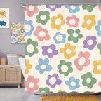 Sanzugh Cute Pastel Flower Shower Curtain, Boho Retro Floral 70S Aesthetic Fabric Shower Curtains Set for Girls Kids Bathroom Groovy Pink Floral Funky Decoration with Hooks 72 X 72 Inch Bath Decor