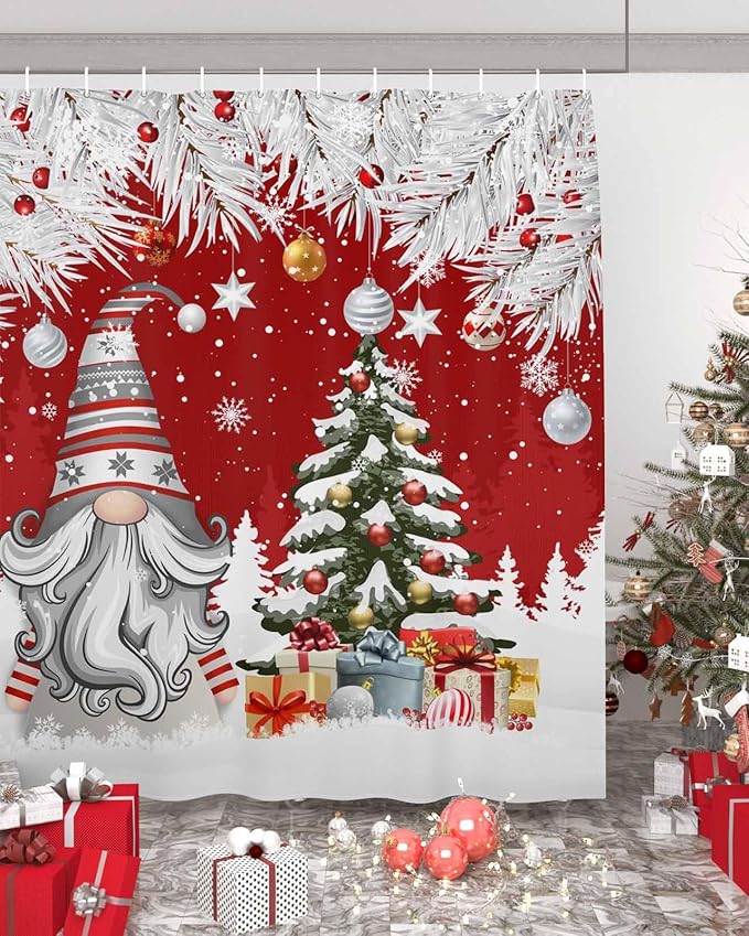 Vandarllin Christmas Gnome Shower Curtain, Winter Merry Christmas Tree Balls Shower Curtains Set with Hooks, Red Waterproof Fabric Bathroom Curtains Decor Home Accessories, Stall Long 36 X 78 Inch