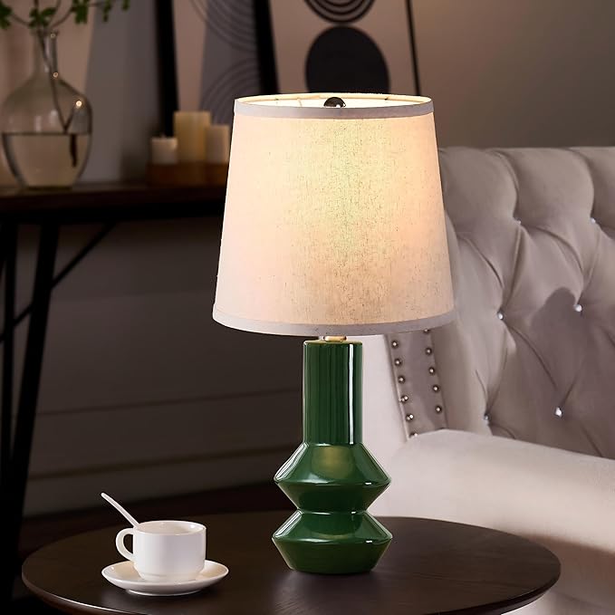 20" Green Ceramic Table Lamp Set of 2-3-Way Dimmable Nightstand Lamps with Pallid Shade for Bedroom Farmhouse Bedside Nightstand Bedside Lamp End Table Lamps (Dark Green)