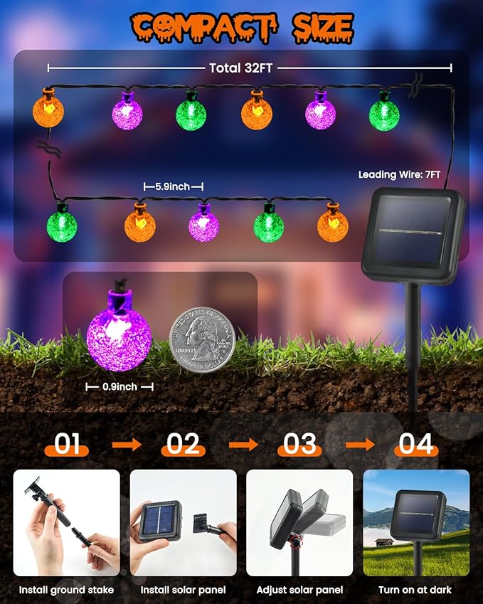 2-Pack 100 LED Purple Orange and Green Solar Halloween Lights Outdoor - 64FT Crystal Globe Waterproof Solar String Lights with 8 Lighting Modes for Halloween Decorations, Garden, Patio, Party, Porch