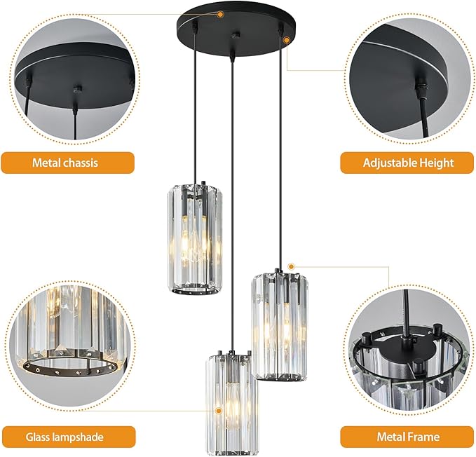 Black Pendant Lighting Modern Pendant Light, Mini Crystal Chandeliers,Adjustable Pendant Light Fixture for Kitchen Island Dinning Room Corridor Bedroom(Black 3-Light)