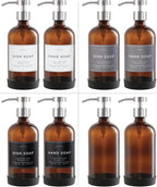 16oz Glass Soap Dispenser with Stainless Steel Pump, 21 Waterproof Labels, Non-Slip Protective Silicone Pad, Set of 2 for Bathroom & Kitchen (Amber Bottle/Brushed Silver Pump)