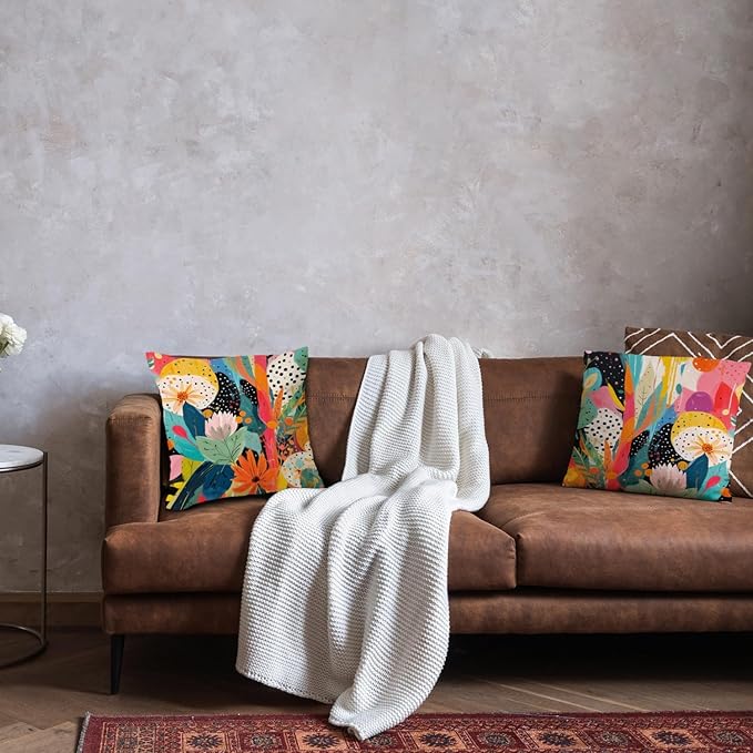 JINYO Abstract Boho Floral Pillow Covers 18x18 Set of 2, Maximalist Eclectic Plants Decorative Throw Pillow Cases, Trendy Colorful Botanical for Couch Living Room Bedroom Home Decor
