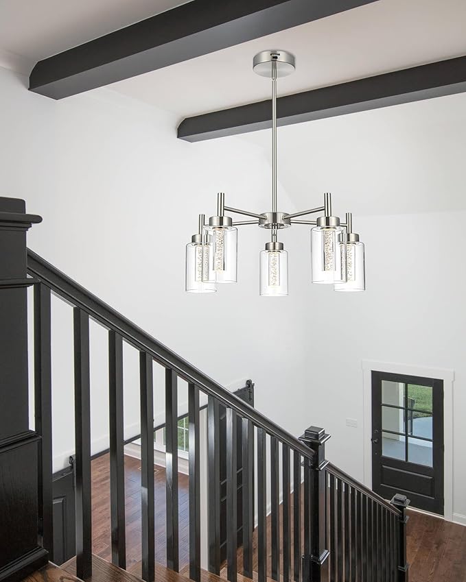 VINLUZ LED 5 Light Modern Chandeliers for Dining Room,Brushed Nickel Finish Hanging Lighting Fixture with Crystal Bubble Clear Glass Shade Kitchen Island for Hanging