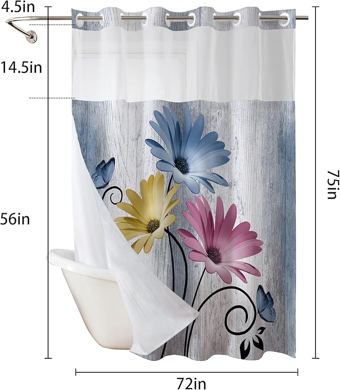 Muuyi Mixed Color Watercolor Floral Shower Curtain,No Hook Shower Curtain,Polyester Shower Curtains with Snap in Fabric,Sheer Top Window for Bathroom Decor,Waterproof & Washable,72W x 75L Inch