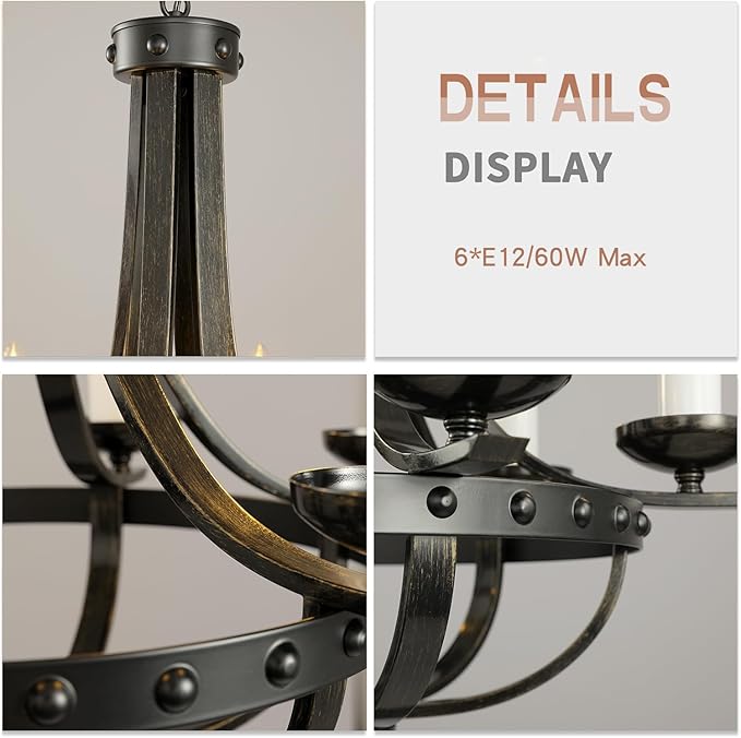 Farmhouse Hanging Chandelier，16 Inch Modern Rustic Vintage Pendant Ceiling Light Fixture,Black Gold Chandelier for Drawing Room Dining Room Bedroom Kitchen Island Hallway Foyer Entryway