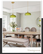 Vintage Glass Pendant Light，Green Flower Ceiling Pendant Light，Gold Adjustable Hanging Wire for Kitchen Island Dining Room Bedroom Hallway (10Inch - Green(D))