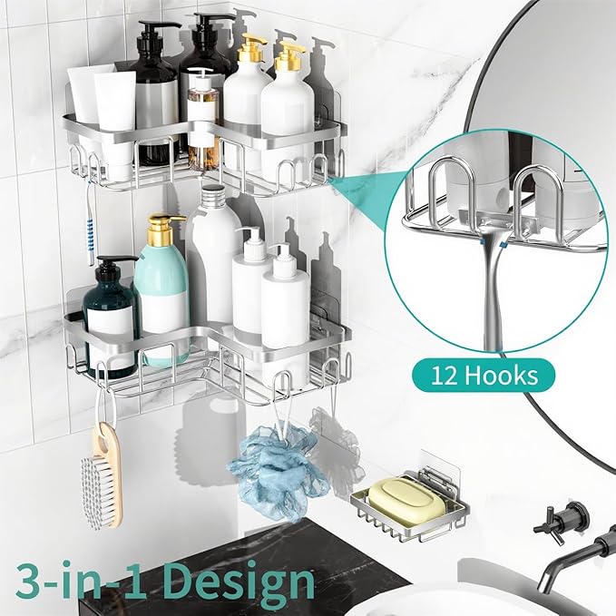 Moforoco Corner Shower Caddy Shelf Organizer Rack, Self Adhesive Black Bathroom Shelves Basket, Home Farmhouse Wall Inside Organization and Storage Decor Rv Accessories, Apartment Essentials