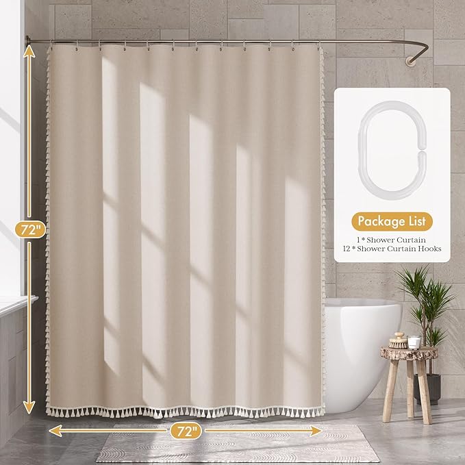 AmazerBath Boho Shower Curtain with Tassels, Beige Shower Curtains for Bathroom, Farmhouse Shower Curtain with Hooks, Faux Linen Rustic Shower Curtain Set, Water Repellent, 72x72 Inches