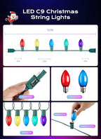 C9 LED Christmas Lights Outdoor, 50 FT 50 Colored Bulbs Vintage C9 Connectable String Lights for Christmas Tree Roofline Patio Garden Backyard Holiday Party Indoor Outdoor Decoration, Green Wire