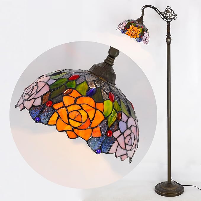 Tiffany Floor Lamp Stained Glass Orange Red Rose Flower Style Arched Reading Light Gooseneck Adjustable Corner Standing Lamp 12X16X66 Inch for Bedroom Living Room Home Office