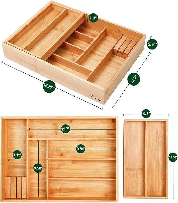 Double Layer Bamboo Kitchen Drawer Organizer Cutlery Utensil Silverware Drawer Organizer, Large Silverware Tray for Drawer Removable Utensil Holder Flatware Organizer Multi-use Storage Box
