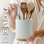 Ceramic Utensil Holder, 7.76" 3.5L Wooden Non-Slip Base 360°Rotating Design for Kitchen Countertop Farmhouse Decor (white)