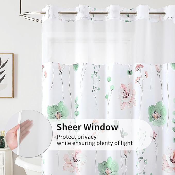 QiyI Flower Shower Curtain with Snap in Liner, Green Watercolor Floral Cloth for Bathroom, No Hook Shower Curtains with Mesh Top Window, Fabric Waterproof Bathroom Set, 72 x 75 Inch