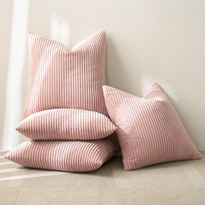 MIULEE Boho Farmhouse Throw Pillow Covers 18x18 Inch Set of 4 Mordern Nordic Cushion Covers Soft Corduroy Home Decor for Couch Bed Sofa Living Room Pink