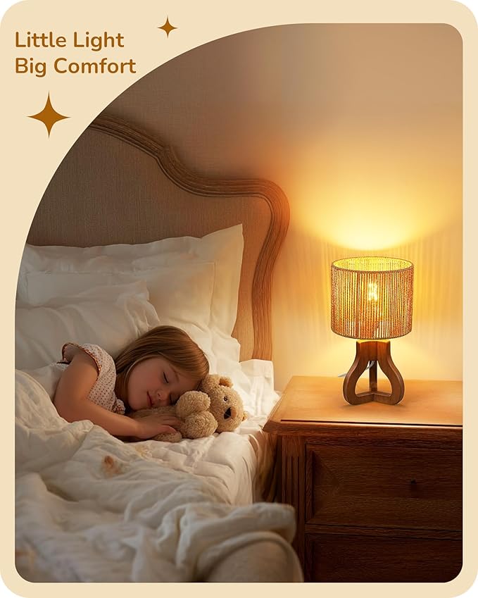 EDISHINE Small Table Lamp, Wood Rattan Nightstand Lamp with ON-Off Switch,E26 Base, Bedside Lamp for Living Room, Bedroom, Bohemian
