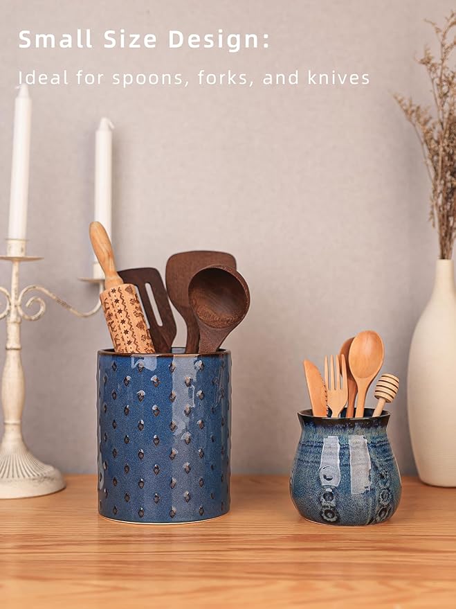 Ceramic Utensil Holder, Small Utensil Crock Ideal for Spoons, Forks and Knives, Easy to Clean 30 oz (Gradient Blue)