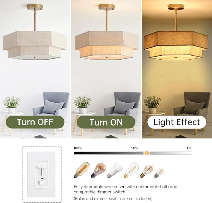 17.7" Modern Chandeliers for Dining Room, 3-Light Ceiling Pendant Light Gold Bedroom Light Fixture with 2-Layer Linen Drum Shade, Vintage Brass Chandelier for Kitchen Entryway Living Room