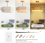17.7" Modern Chandeliers for Dining Room, 3-Light Ceiling Pendant Light Gold Bedroom Light Fixture with 2-Layer Linen Drum Shade, Vintage Brass Chandelier for Kitchen Entryway Living Room