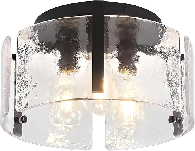 15'' Modern Black Semi Flush Mount Ceiling Light, Hallway Light Fixtures, 3-Light Glass Ceiling Lights for Entryway Kitchen Island Dining Room Foyer Bedroom Laundry Lighting Fixtures, UL-Listed