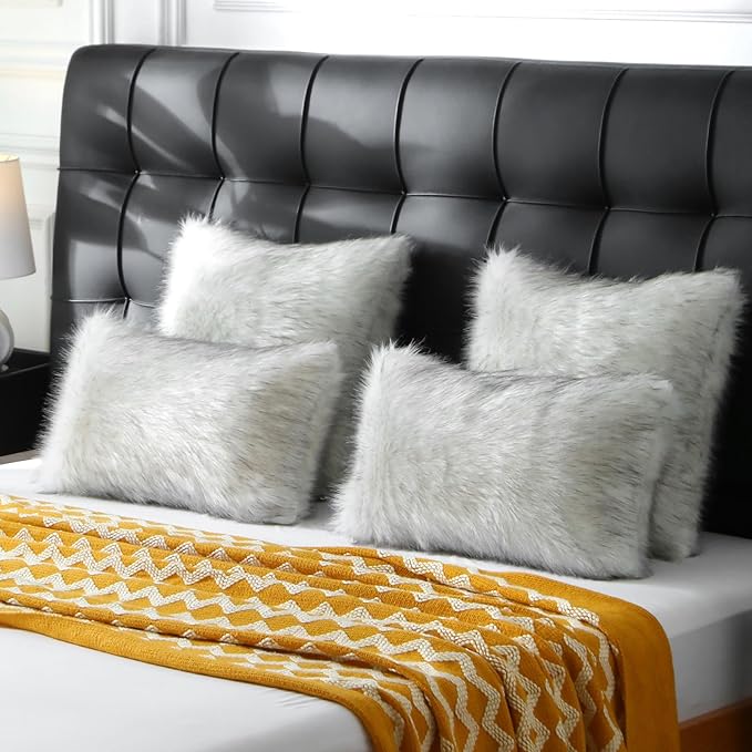 FUTEI Black White Decorative Throw Pillow Covers 22x22 Inch Set of 2,Soft Fluffy Faux Fox Fur Textured Cushion Case,Modern Home Decor for Couch Living Room