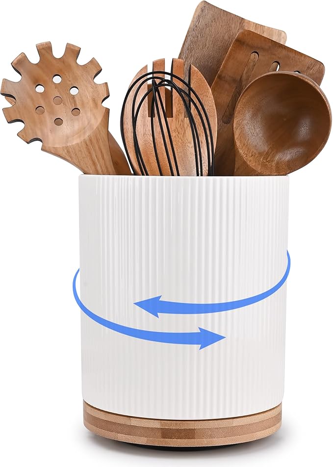 QUELIEN 360° Rotating Kitchen Utensil Holder for Countertop, Large Ceramic Utensil Crock Organizer with Non-Scratch Cork Base, Farmhouse White Cookware Storage Jar, Ideal Housewarming Gift