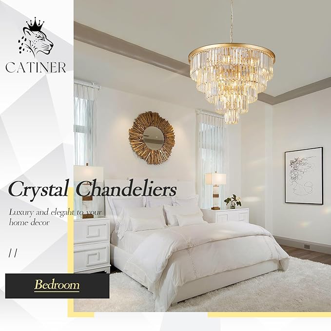 Large Crystal Chandeliers Modern 30”Gold Chandelier for Foyer Staircase Chandeliers 5 Tiers 16 Lights Luxury K9 Ceiling Pendant Lighting Fixture for Dining Room Bedroom
