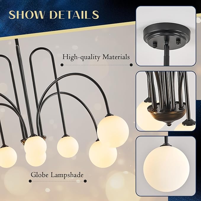 Modern Sputnik Chandelier 8 Lights Large Luxury L41” Mid Century Milk Glass Globe Ceiling Pendant Light Fixture Black Chandeliers for Foyer Staircase Living Dining Room Kitchen