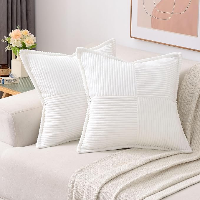 HAUSSY Pure White Throw Pillow Covers 18x18 Inch Set of 2,Soft Solid Corduroy Striped/Wide Bordered,Square Decorative Cushion Case,Spring Home Decorations for Couch,Bed