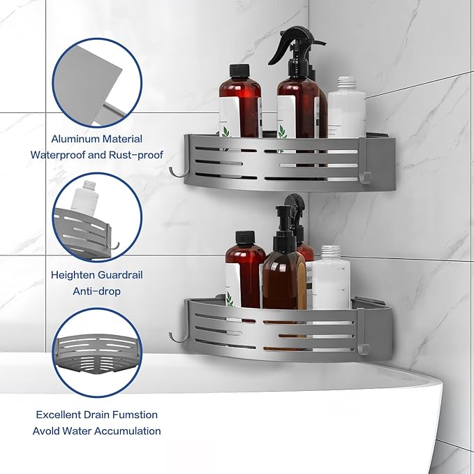 Corner Shower Caddy - 2 Pack Adhesive Shower Caddy Shelf Organizer Corner with Hooks, Rustproof Stainless Steel Bath Organizers Shower Shelf No Drilling Shelves for Bathroom Storage, Grey