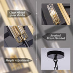 Wellmet Black Gold Chandelier Light，6-Light Brass Geometric Chandeliers for Dining Room, Modern Pendant Lighting Fixture Hanging for Foyer Kitchen Island Entryway, Metal Frame with Glass Shade