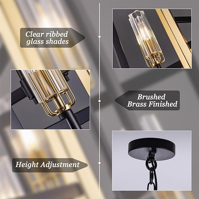 Wellmet Black Gold Chandelier Light，6-Light Brass Geometric Chandeliers for Dining Room, Modern Pendant Lighting Fixture Hanging for Foyer Kitchen Island Entryway, Metal Frame with Glass Shade