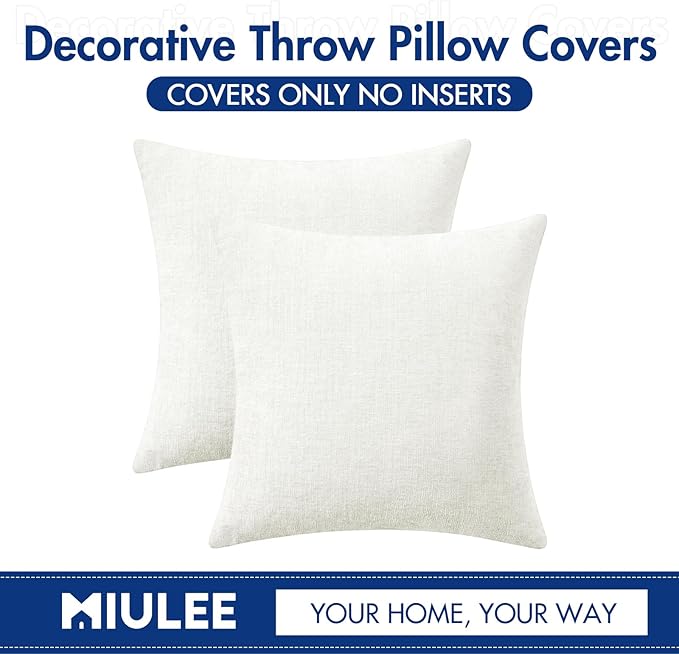 MIULEE Pack of 2 Christmas Couch Throw Pillow Covers 20x20 Inch Soft White Chenille Pillow Covers for Sofa Living Room Solid Dyed Pillow Cases