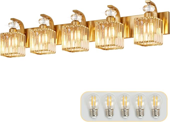 Modern Bathroom Vanity Light, 5-Light Gold Bathroom Lighting Fixtures Over Mirror, 36.3" Crystal Wall Light Sconce for Bathroom/Bedroom/Vanity, Includes LED Bulbs, Easy Installation