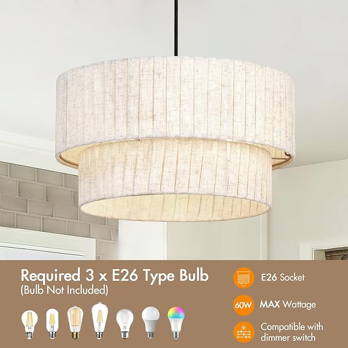 16 Inch Modern Farmhouse Chandelier – Layered Linen Strips Hanging Pendant Light, Dimmable Rustic Lighting Fixture for Dining Room, Kitchen Island, Living Room, Entryway, Foyer