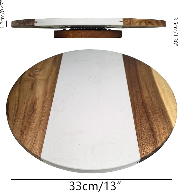 13" Marble and Wooden Lazy Susan – Rotating Table Tray for Dining Table, Kitchen, or Coffee Table – Decorative Turntable Serving Tray
