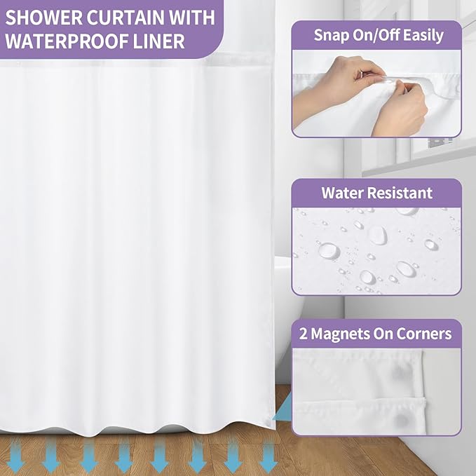 Muuyi Purple Watercolor Floral Shower Curtain,No Hook Shower Curtain,Polyester Shower Curtains with Snap in Fabric,Sheer Top Window for Bathroom Decor,Waterproof & Washable,72W x 75L Inch