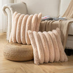 Faux Fur Plush Throw Pillow Covers 20x20 Inch Set of 2 - Luxury Decorative Fuzzy Striped Soft Cozy Pillowcase for Couch, Sofa, Living Room - Camel